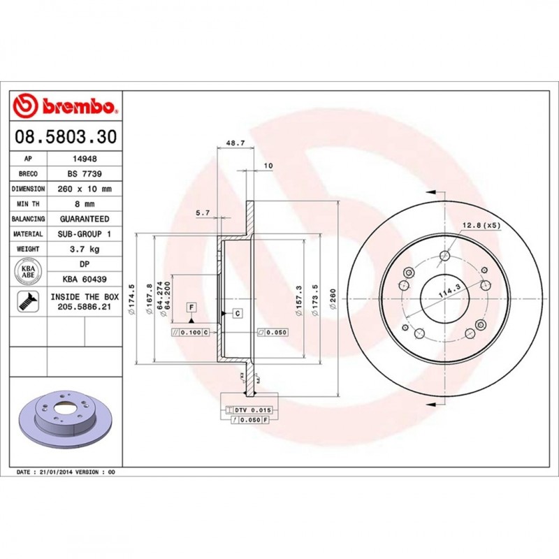 Brembo Standard Rear Discs EP3 Civic Type R 08.5803.30