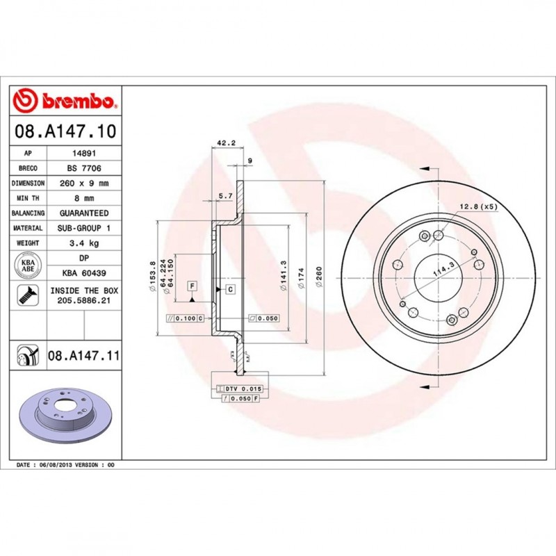 Brembo Standard Rear Discs FN2 Civic Type R 08.A147.11